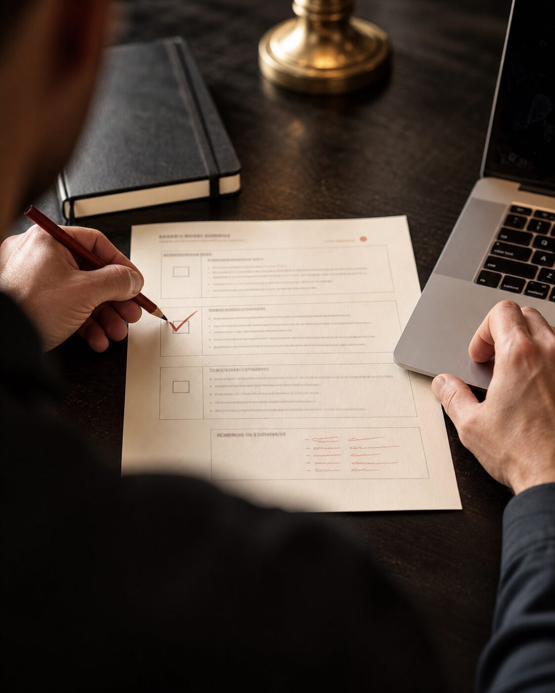 A hand making a terracotta approval mark on a cream workflow checklist beside a laptop