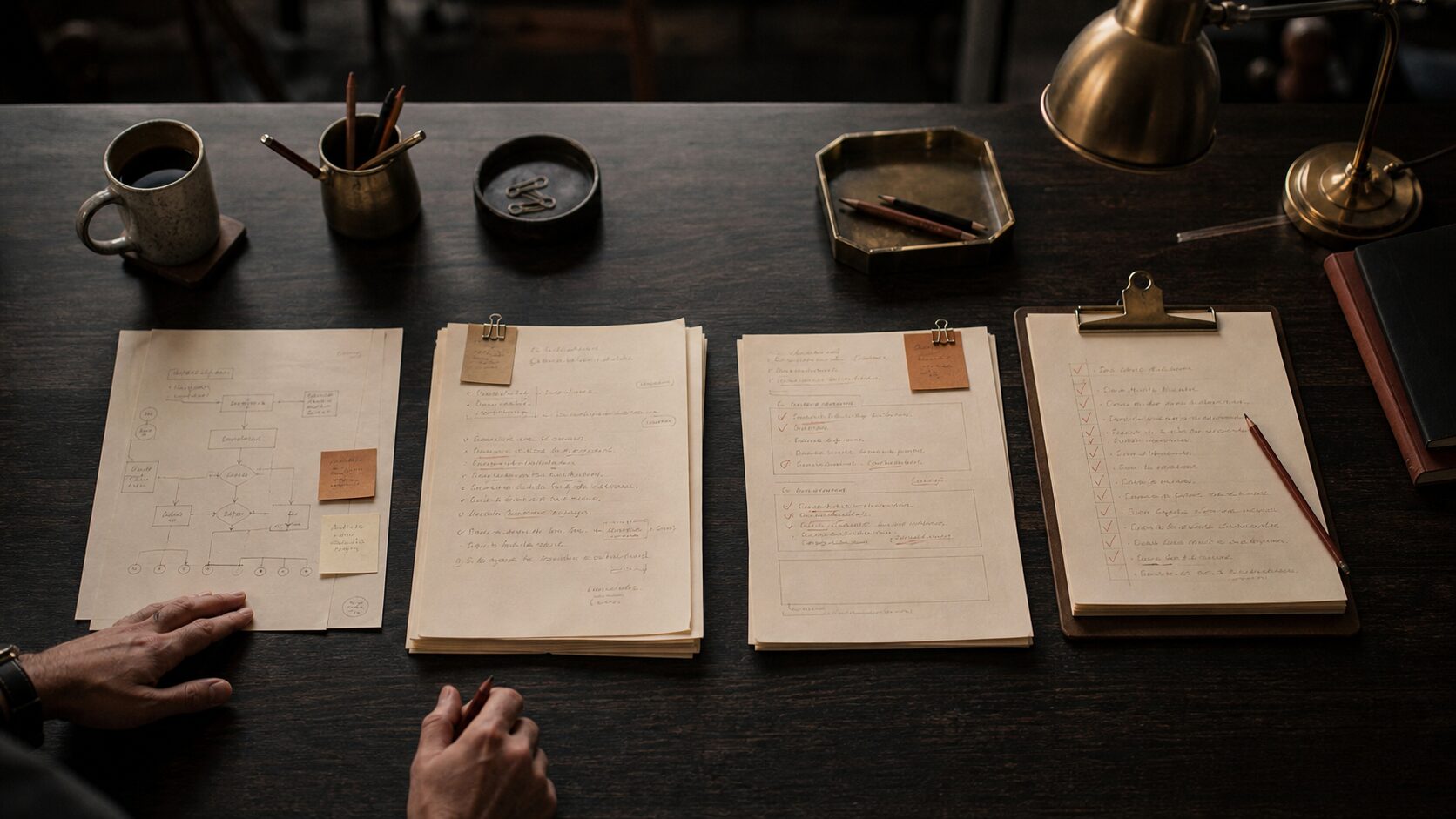 Four cream paper workflow artifacts arranged on a dark workshop table with terracotta marks
