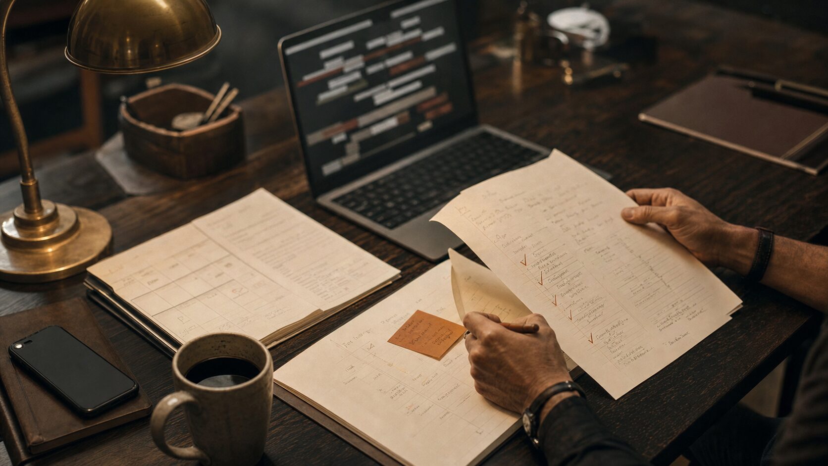A dark operator workbench with paper workflow maps, a laptop, and terracotta approval marks